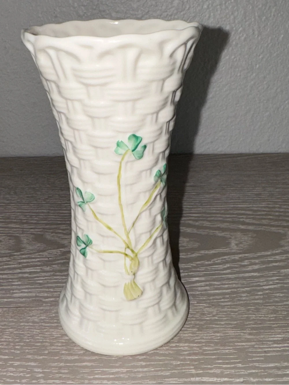 Belleek Ireland basketweave vase Shamrock Pattern